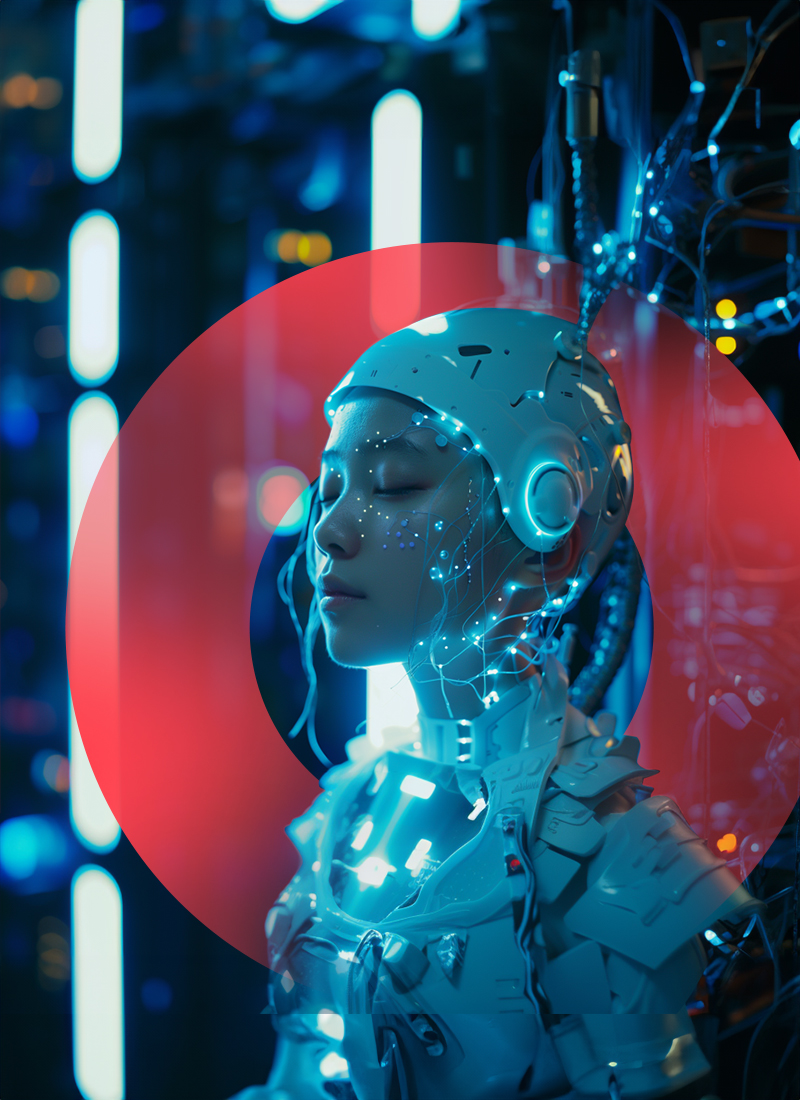 AI futurist woman with closed eyes wearing AI inspired helmet and suit of armor