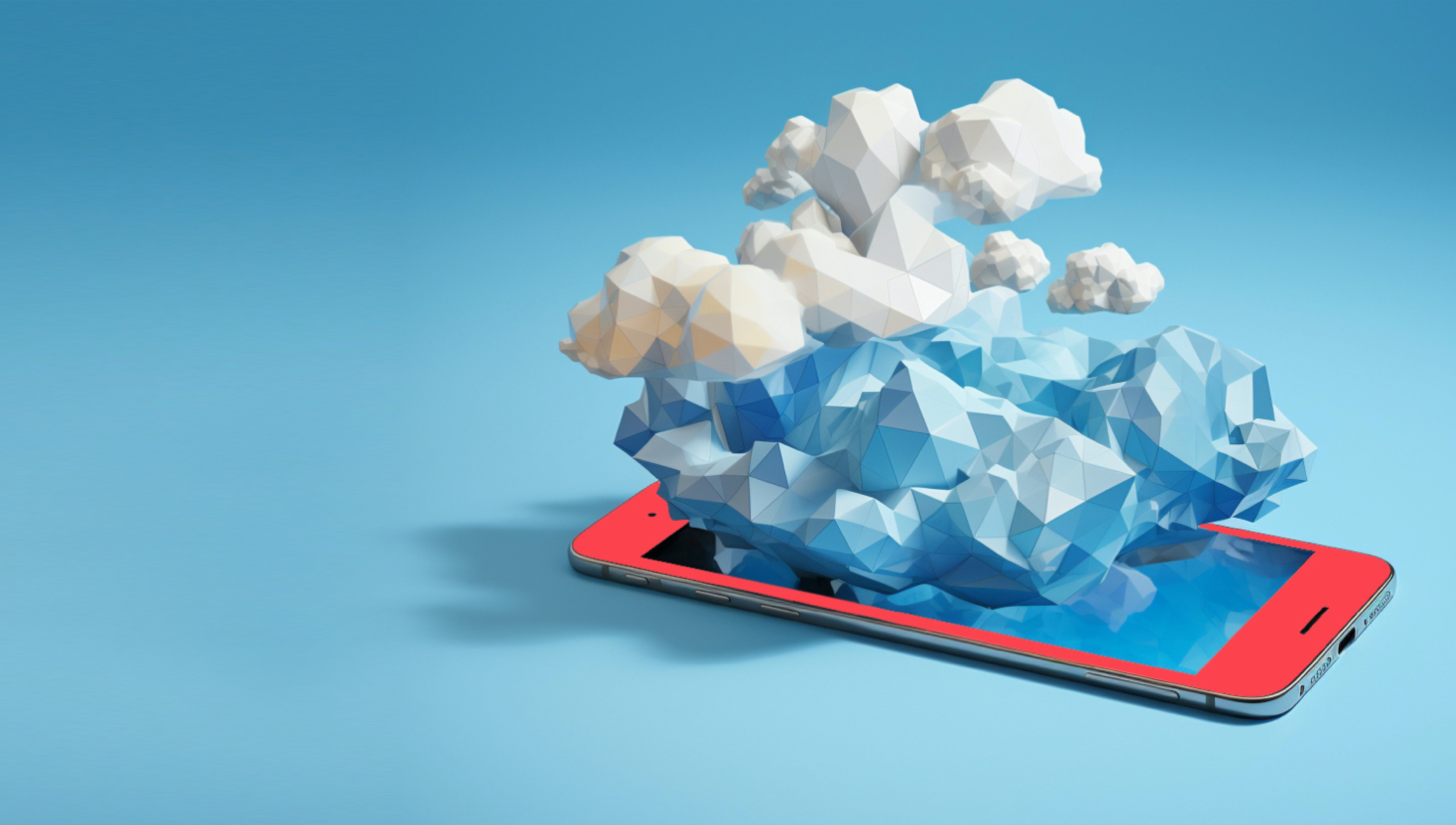 white and blue geometric-shaped clouds on top of a tablet screen