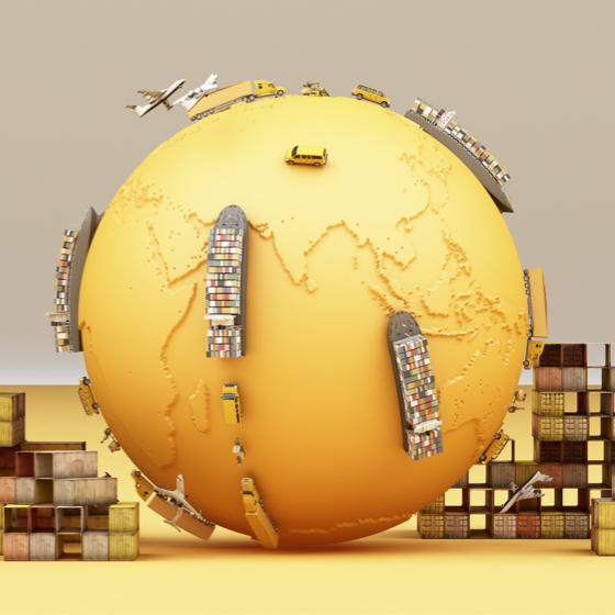 yellow globe with cargo ships, planes, trucks and shipping containers
