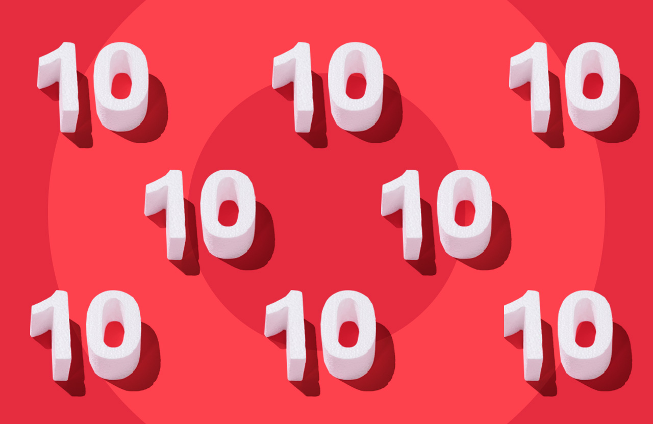 The number 10 repeated on a colorful background