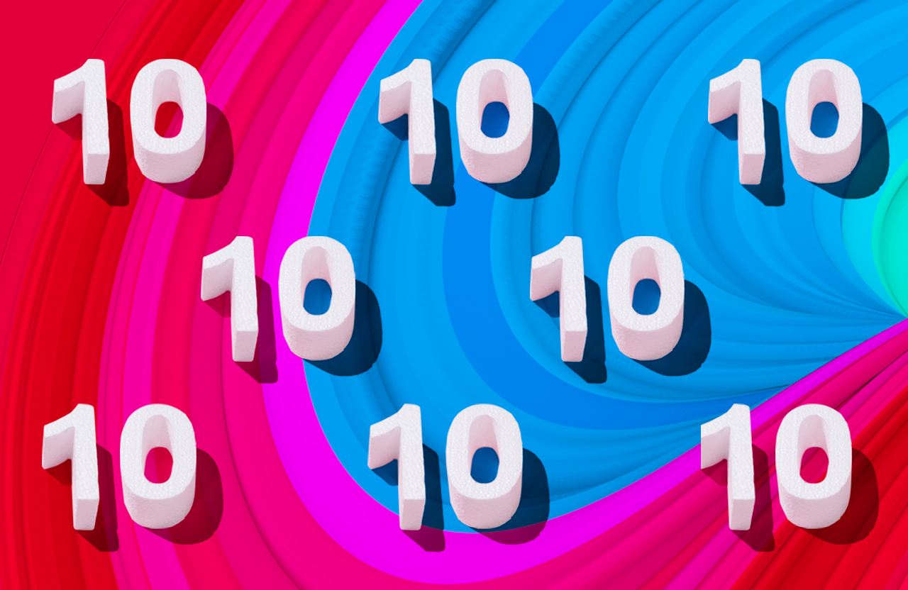The number 10 repeated on a colorful background