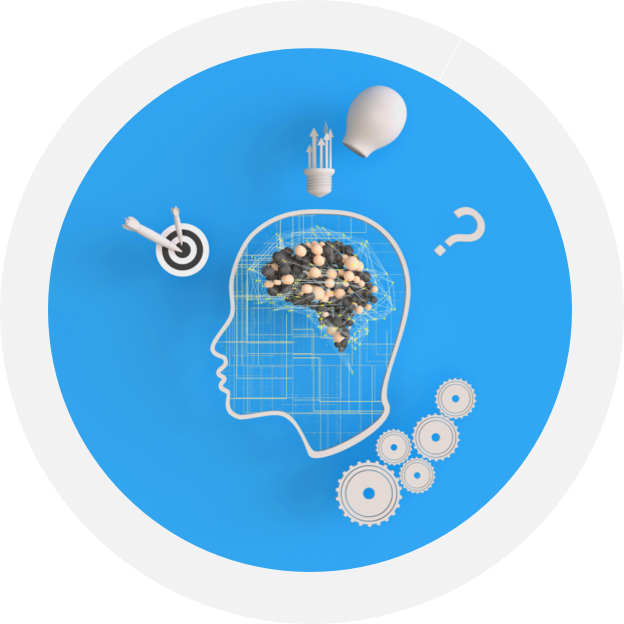 figure head with brain highlighted surrounded by question mark symbols, target with arrow in bullseye, lightbulb with top popping off