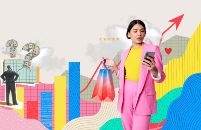 person holding shopping bags and using phone and person looking up at dollar sign question marks