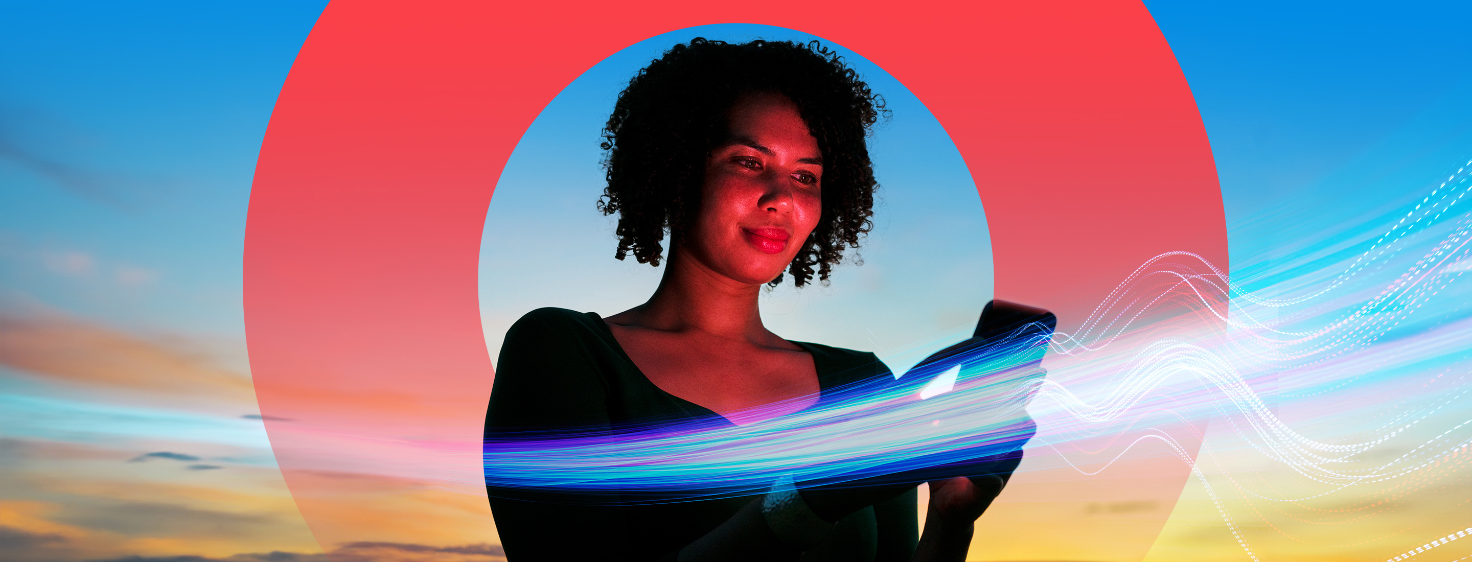 Woman using smartphone with light streak representing data