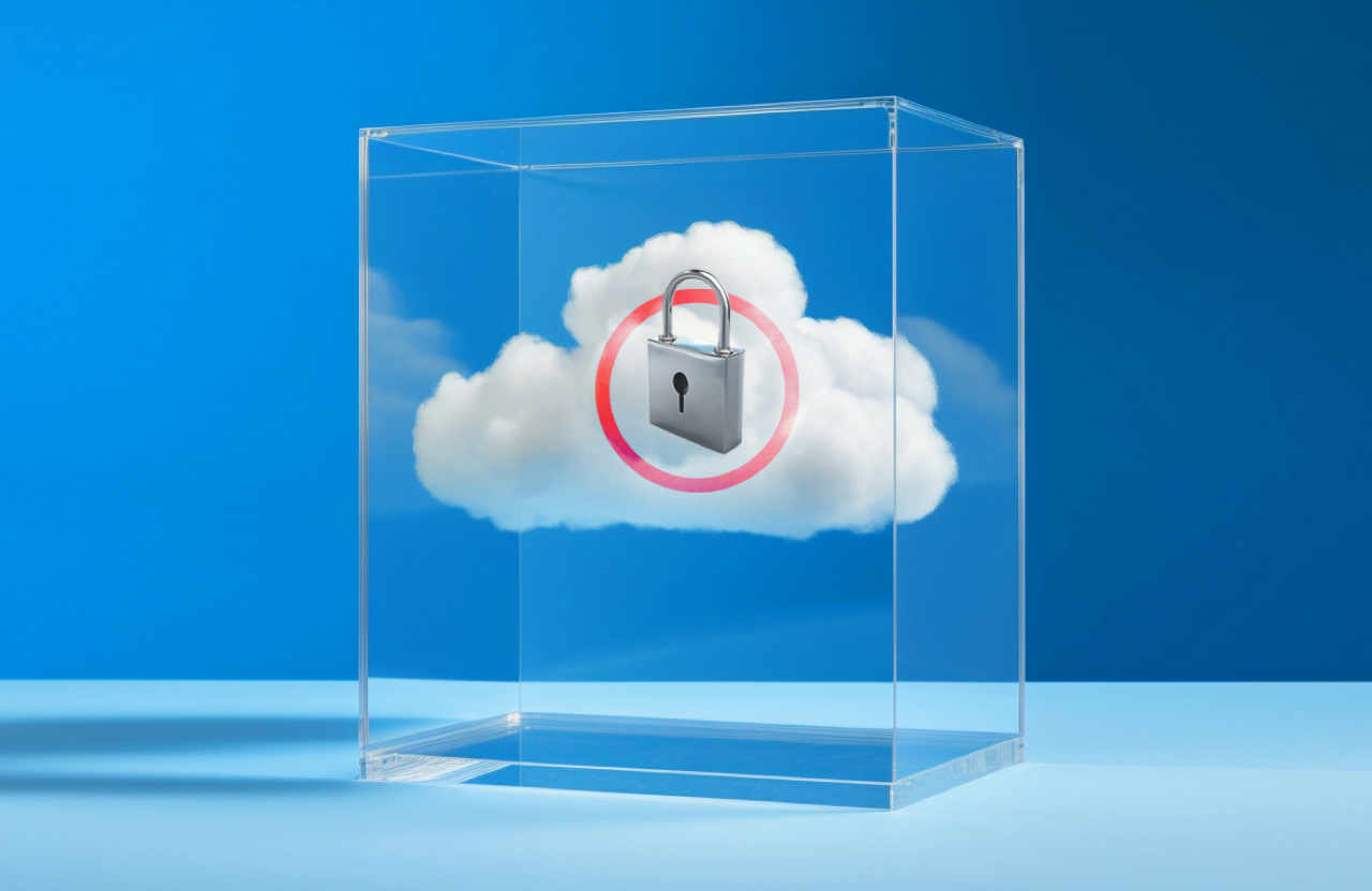 padlock floating in a cloud suspended in a clear glass encasement