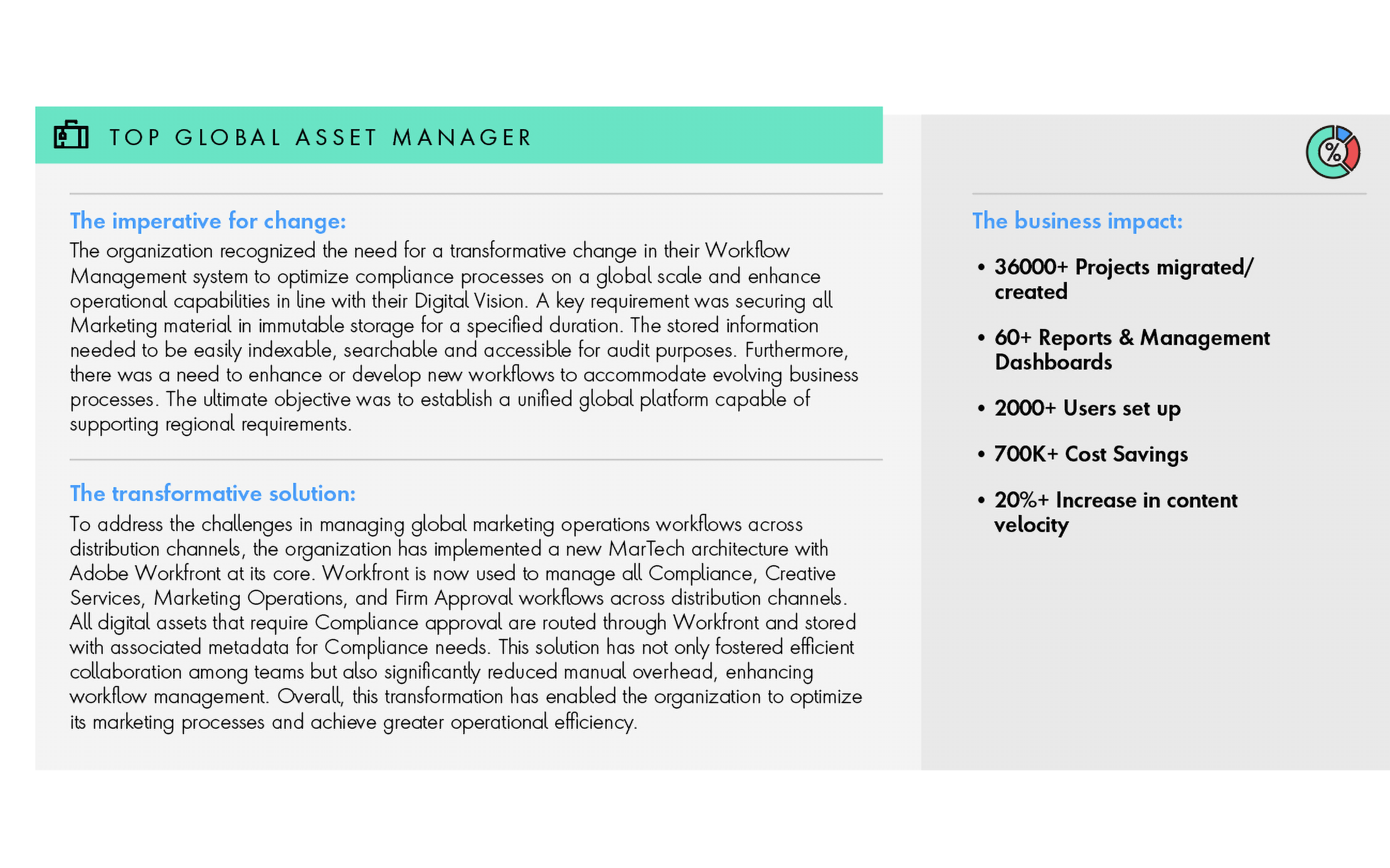 Image of client case study for leading insurance provider in US spotlighting imperative for change, transformative solution and business impact.