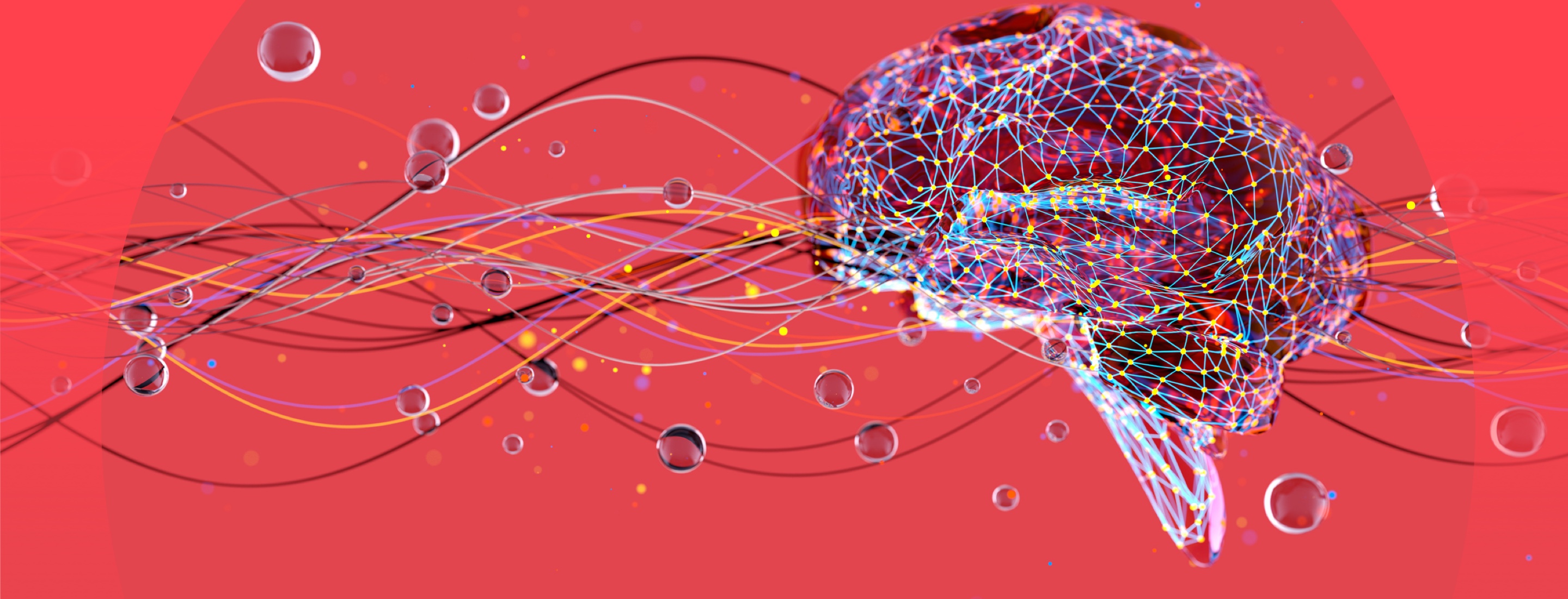 Abstract representation of a brain with a network of colorful lines and nodes on a red background, with floating translucent spheres.