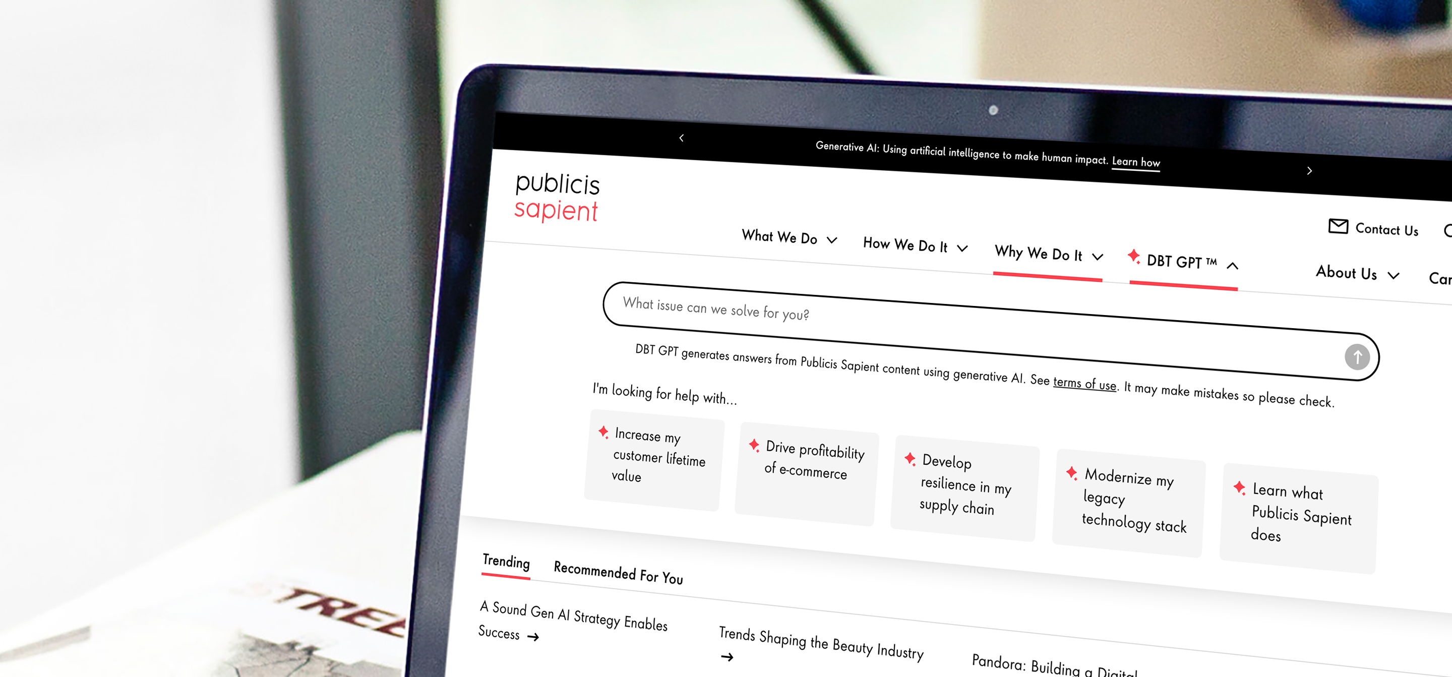 Interface of the Publicis Sapient website showing the DBT GPT AI chatbot tool