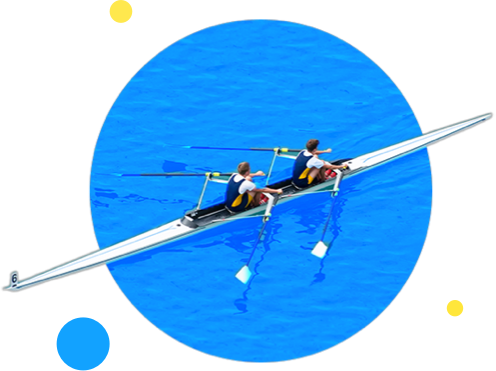 A circle with a racing row boat inside of it. The boat has two crew members rowing. The boat is surrounded by blue water.