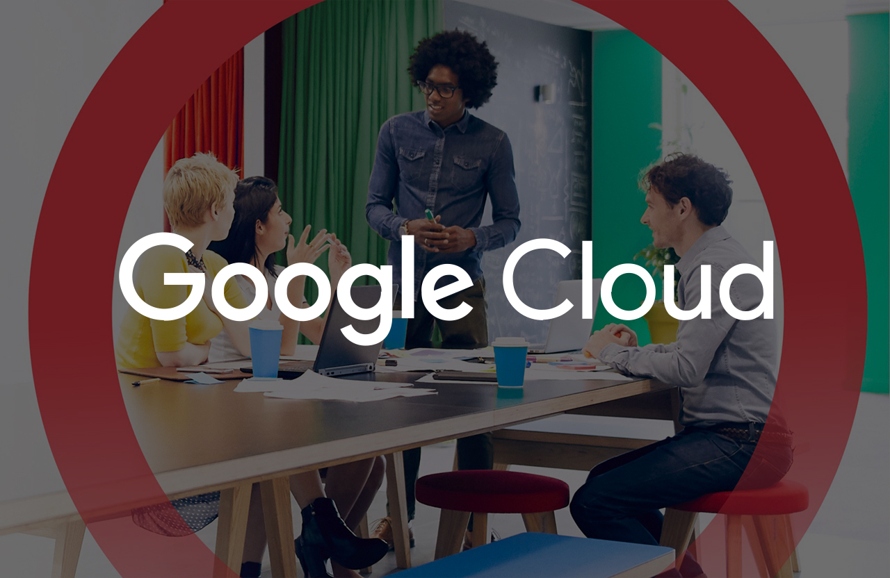 A group of people around the table with a Google Cloud logo overlay