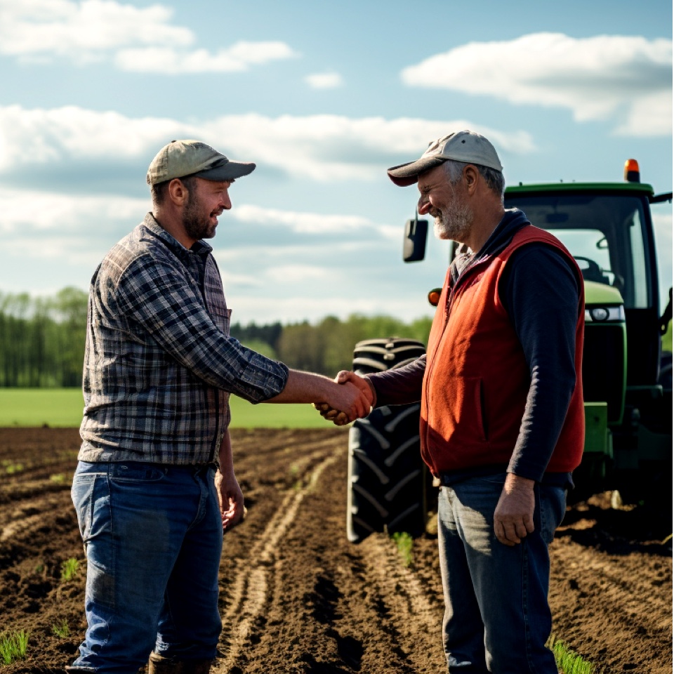 Two farmers in a field shake hands and smile. A tractor can be seen in thae background.