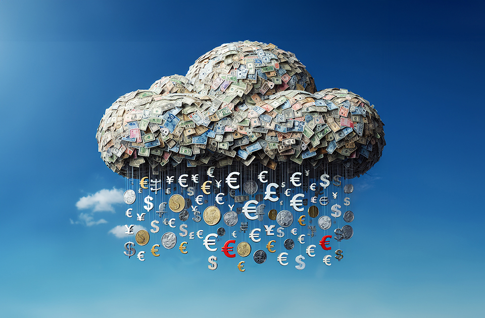 An abstract image of modern banking and cloud computing is depicted as a cloud, intricately composed of foreign currencies and symbols.