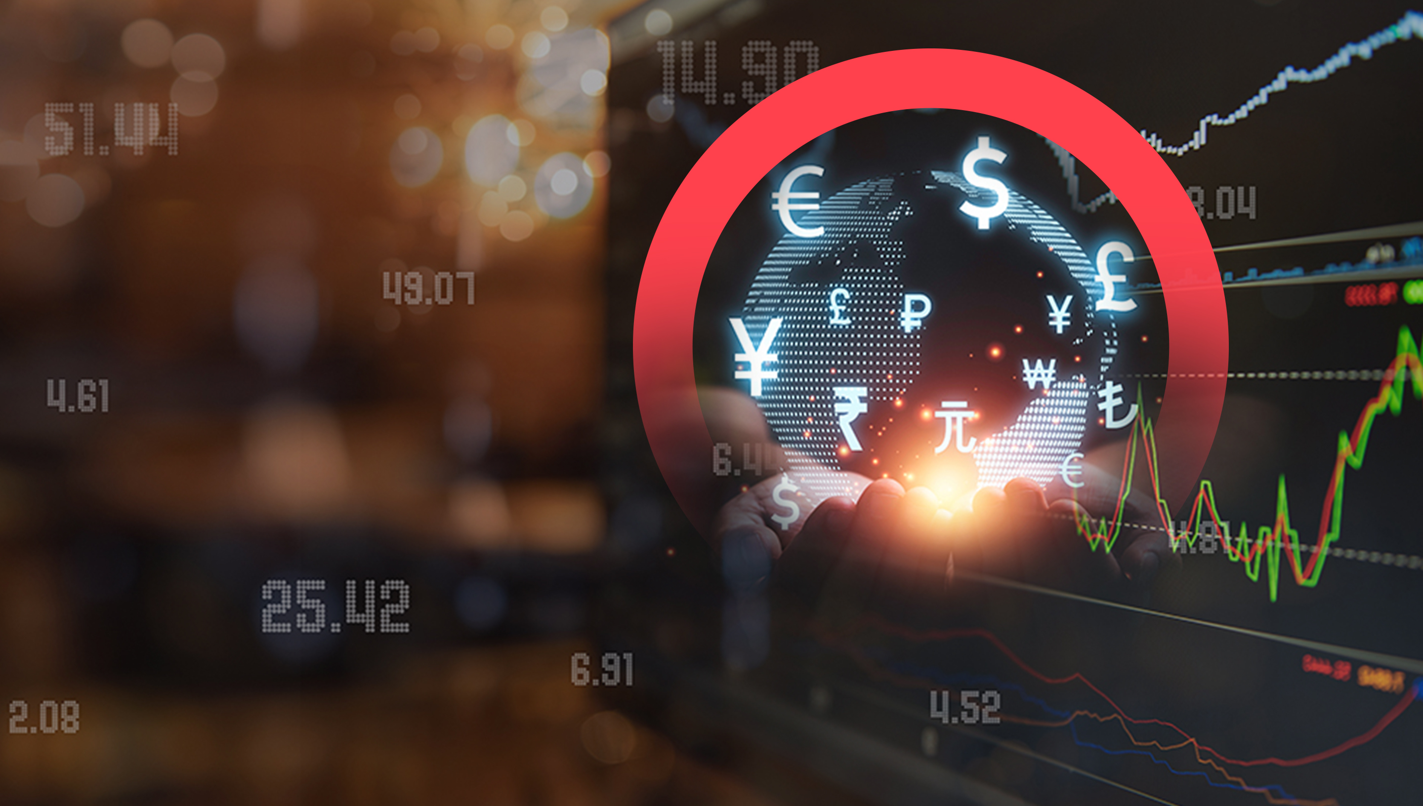 The future of global banking is visualized in a montage of stock ticker imagery, global currency symbols, and a digitized globe.