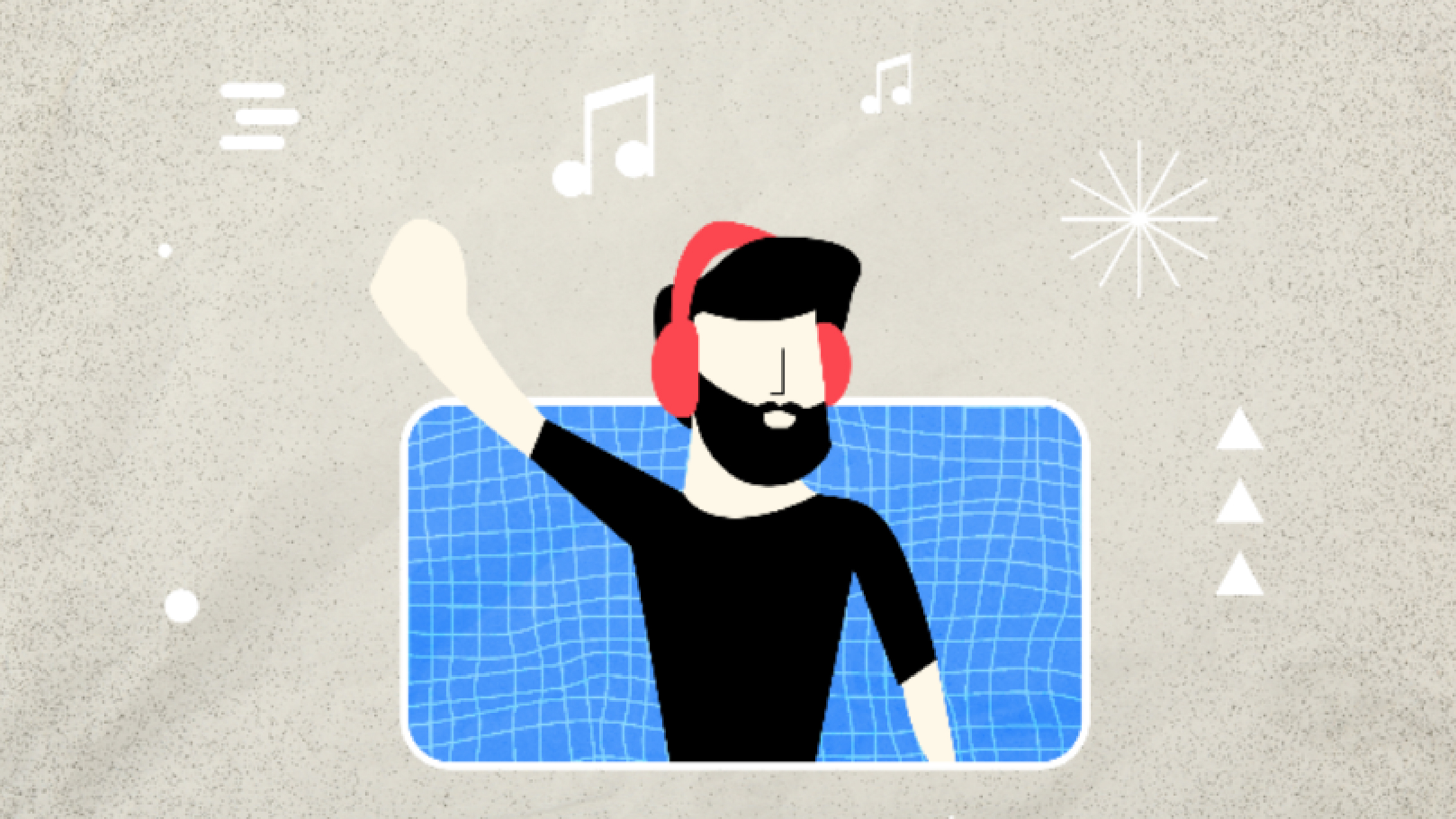 A cartoon image of a man wearing over-ear headphones dancing.